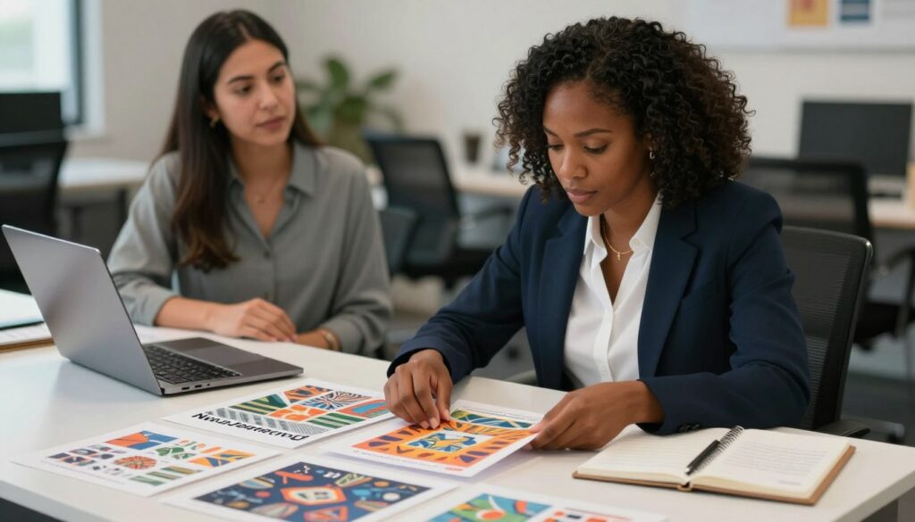 A focused office environment featuring a beautiful black woman in professional attire, thoughtfully reviewing print samples on a sleek table. In the foreground, various high-quality prints display vivid colors and intricate designs. The middle ground shows her engaged in conversation with a faceless Hispanic woman, while a laptop and notepad with notes can be seen. The background illustrates a modern workspace with soft ambient lighting, highlighting the importance of selecting the right print provider for quality. The overall mood is one of professionalism and diligence, emphasizing the careful consideration in choosing a provider like "Nikki Connected." Use a shallow depth of field to draw attention to the subject while softly blurring the surroundings.