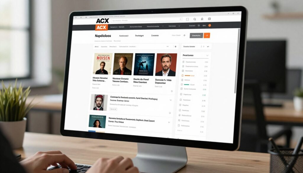 ACX platform dashboard showing available audiobook projects and narrator profile ACX platform dashboard showing available audiobook projects and narrator profile