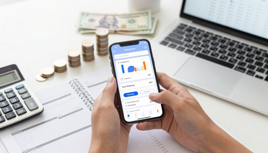 person using multiple money-saving apps on smartphone with cash and savings growing